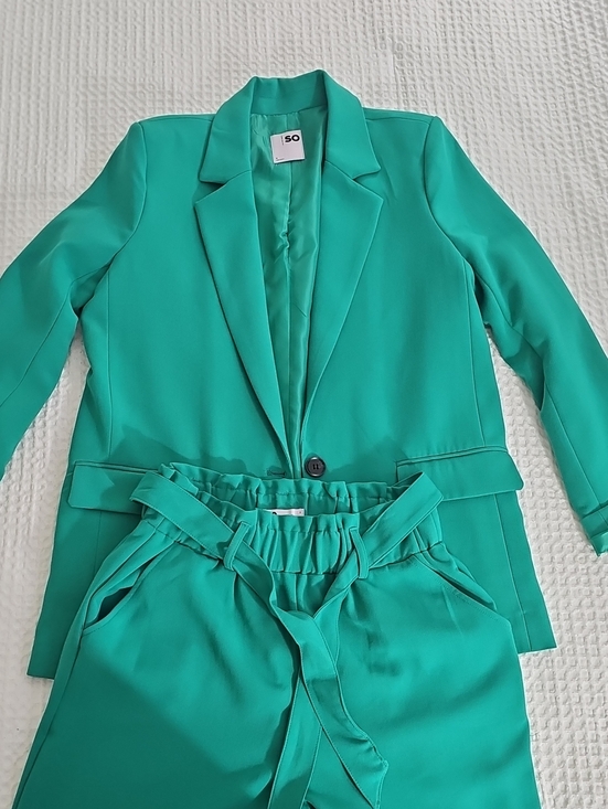 SO Jackets & Blazers - SO Teal Green Single-Button Blazer with Paperbag Waist Trousers M